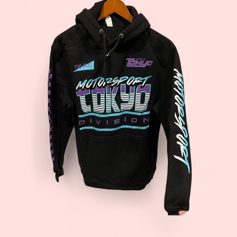 Cool tuned in Tokyo black graphic motorsport hoodie sweatshirt moto too fast